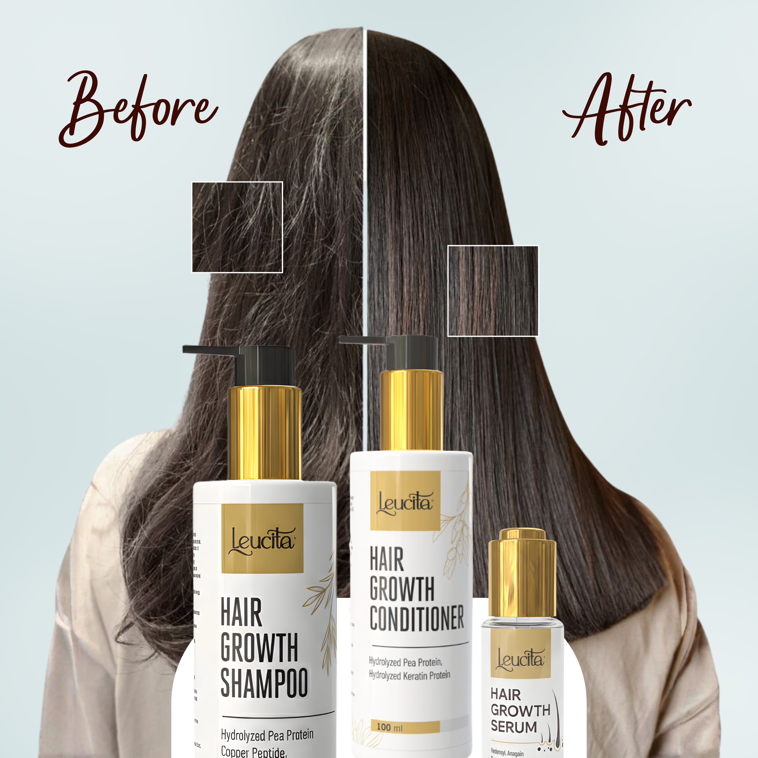 Leucita Hair Growth Shampoo, Conditioner & Serum Combo Redensyl, Anagain, Procapil, Biotin & Keratin for Stronger, Thicker, Healthier Hair