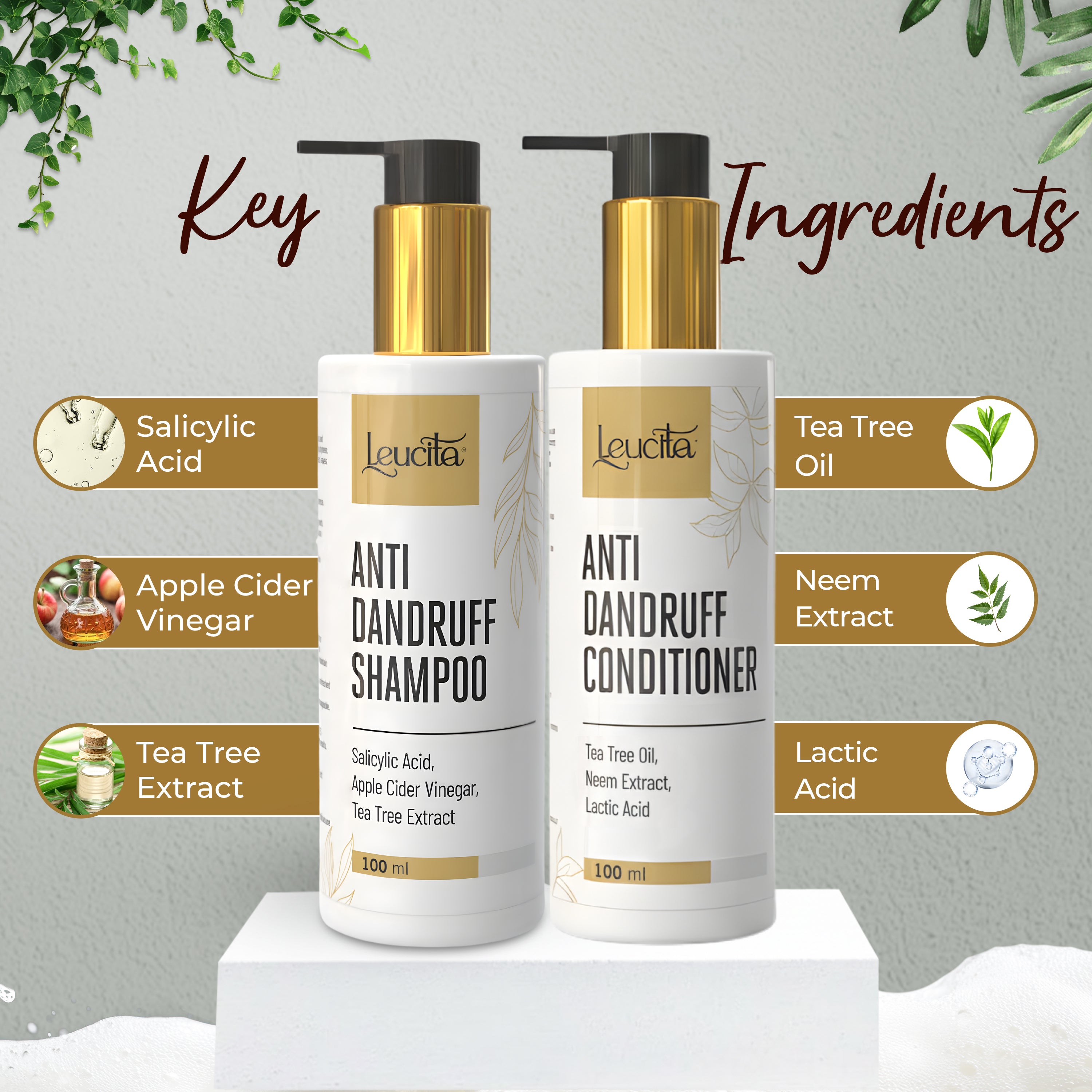 Leucita Anti Dandruff Shampoo & Conditioner Combo Salicylic Acid, Tea Tree & Neem for Flake-Free, Healthy Scalp